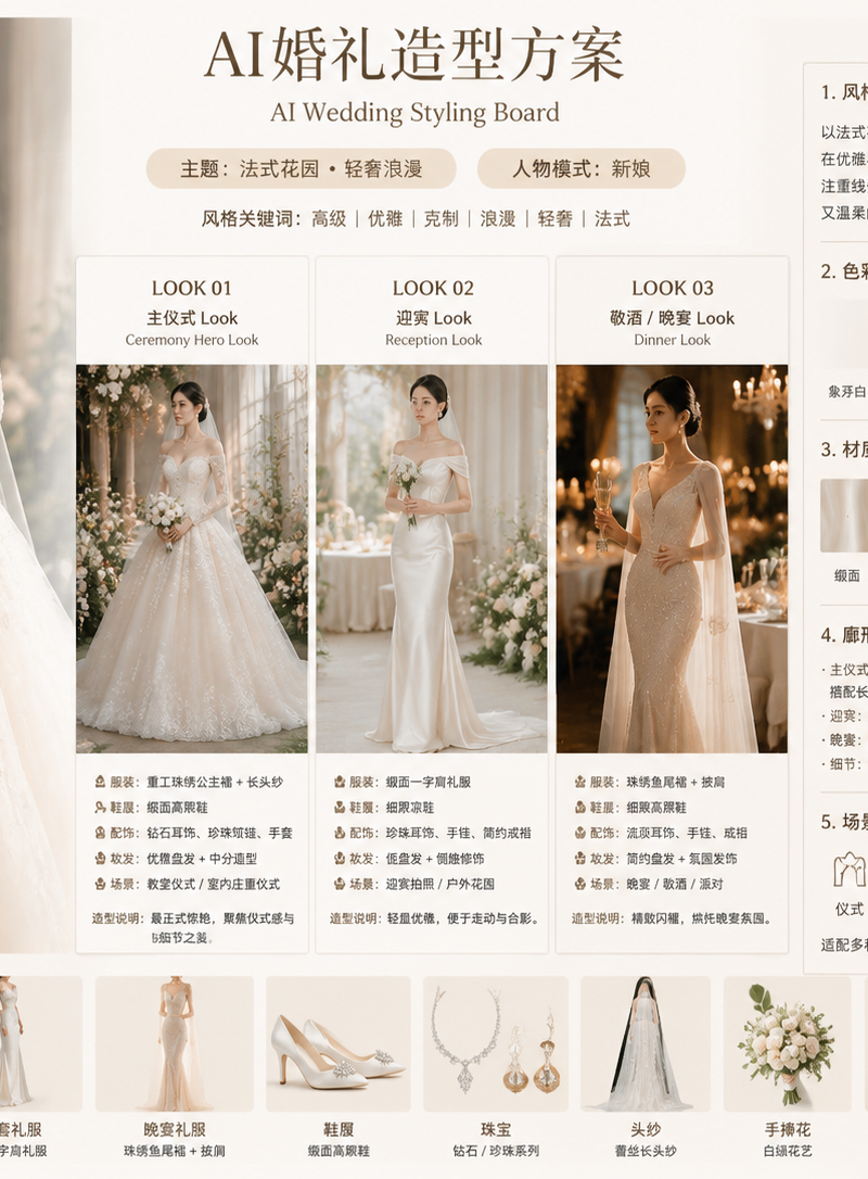 请根据我输入的【婚礼主题 / 人物模式 / 风格方向】，生成一张横向 4:3 的高完成度「AI婚礼造型方案 / AI Wedding Styling Board