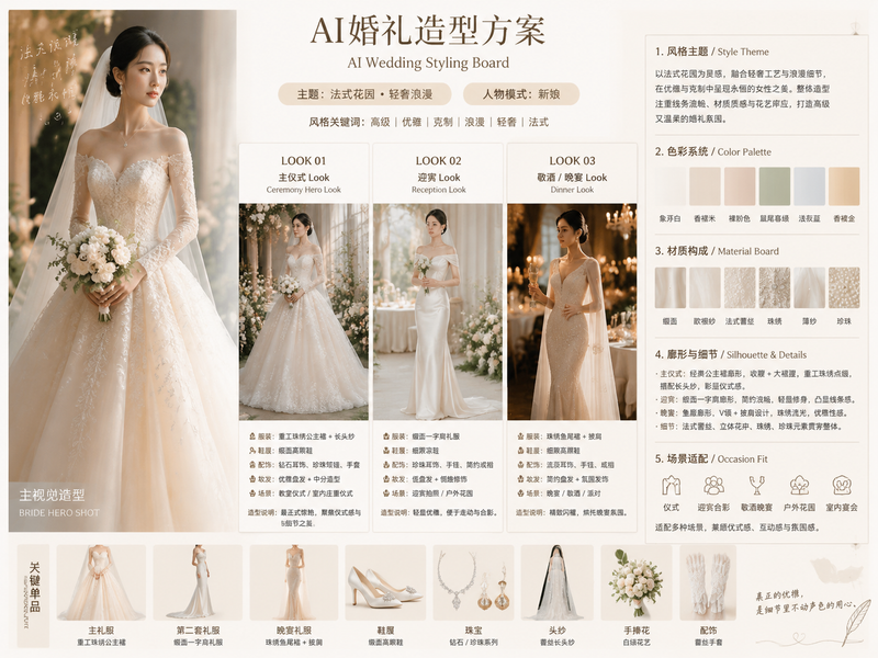 请根据我输入的【婚礼主题 / 人物模式 / 风格方向】,生成一张横向 4:3 的高完成度「AI婚礼造型方案 / AI Wedding Styling Board