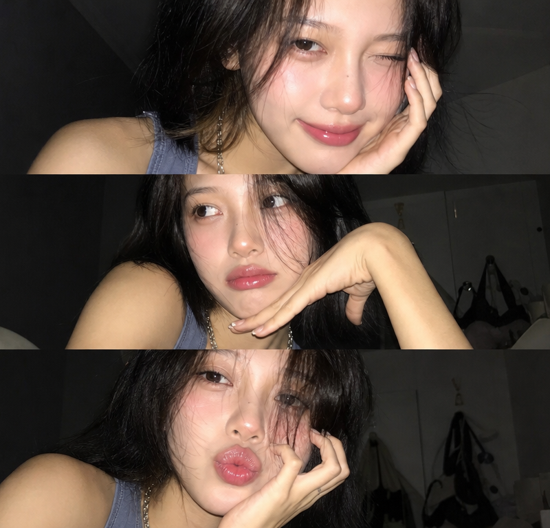 Ultra-realistic late-night flash selfie collage, three stacked mobile phone phot