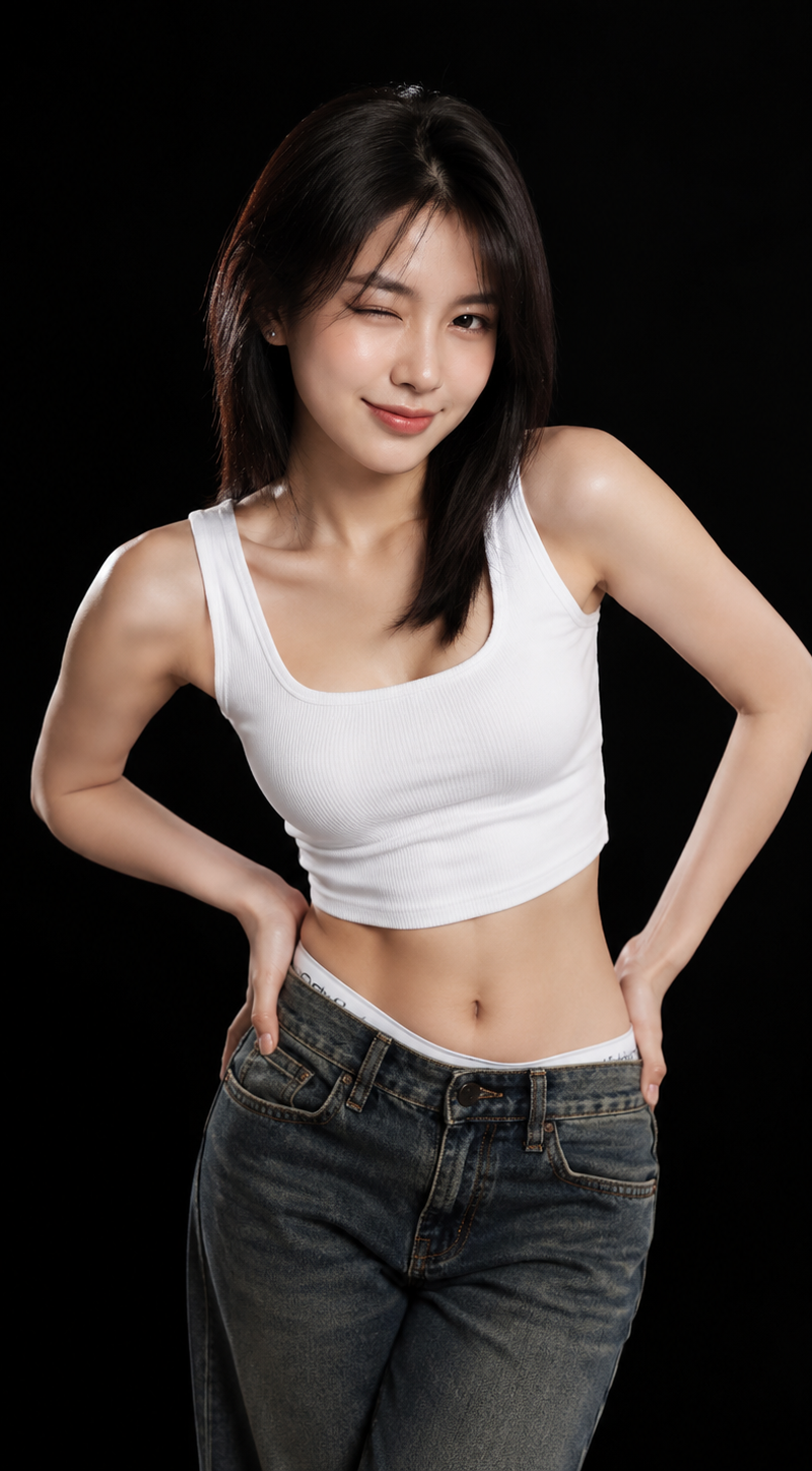 { "subject": { "description": "Young woman in a studio fashion portrait against 