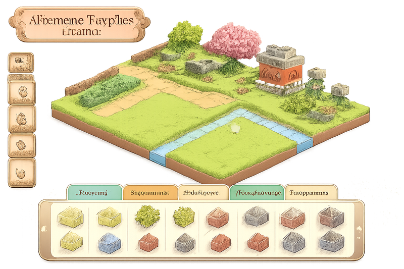 A Japanese voxel asset sheet showing the type of objects, structures, props, veg