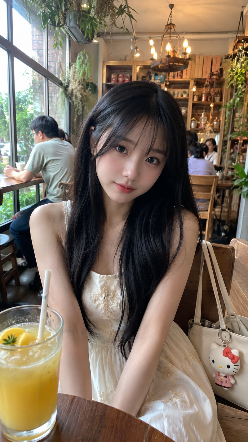 Young Japanese girl with long silky black hair, soft wispy bangs, fair glowing s
