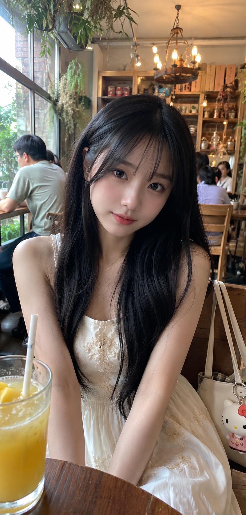 Young Japanese girl with long silky black hair, soft wispy bangs, fair glowing s