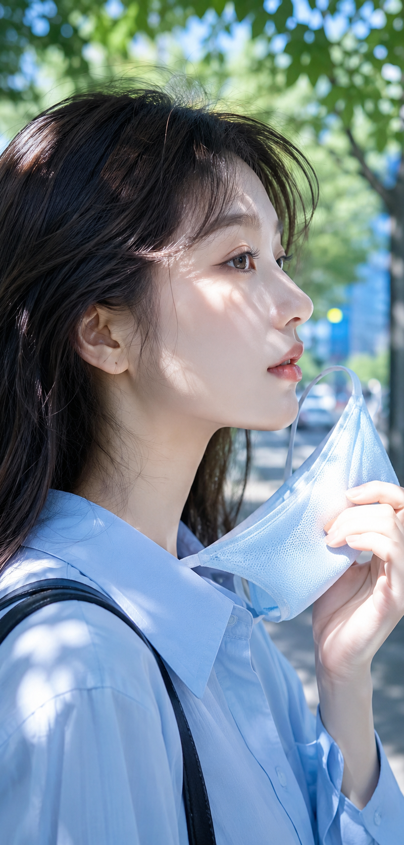 9:16竖版构图。夏日通勤自然光摄影，女孩侧脸特写， 阳光从树叶间隙洒落，浅蓝色冰丝口罩半展开握在手中， 面料纹理清晰可见，背景虚化出城市街道绿荫， 清新通透的