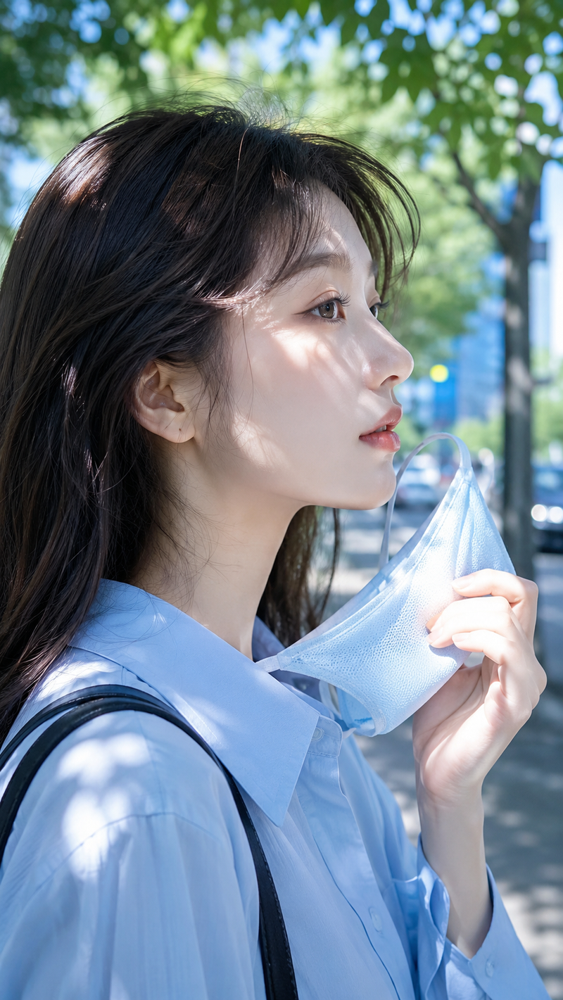 9:16竖版构图。夏日通勤自然光摄影,女孩侧脸特写, 阳光从树叶间隙洒落,浅蓝色冰丝口罩半展开握在手中, 面料纹理清晰可见,背景虚化出城市街道绿荫, 清新通透的