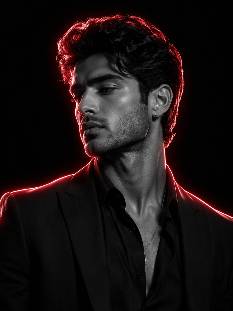 Transform the reference image into a dramatic cinematic black-and-white portrait