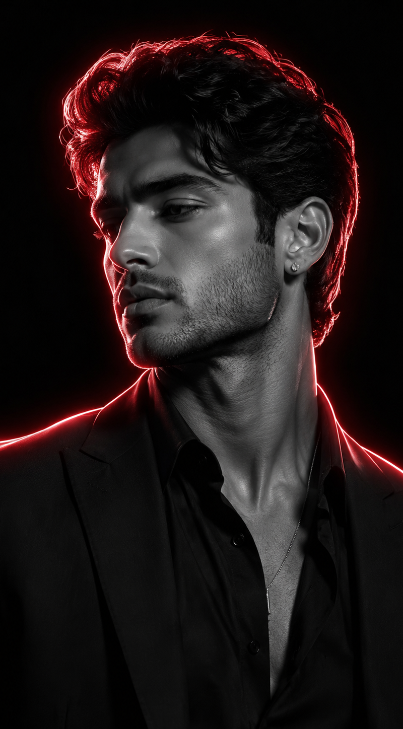Transform the reference image into a dramatic cinematic black-and-white portrait
