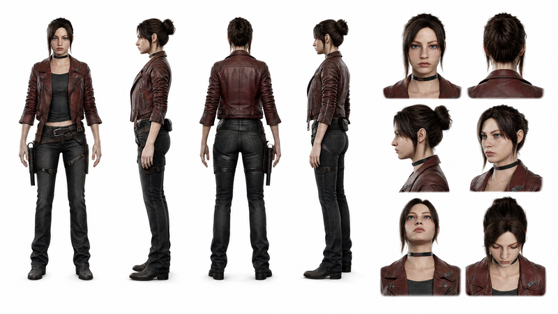 A high-definition, clean, minimalist character design board / character turnarou