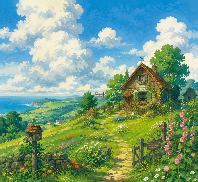 A lush, rolling green hill under a vast blue sky with fluffy, towering cumulus c