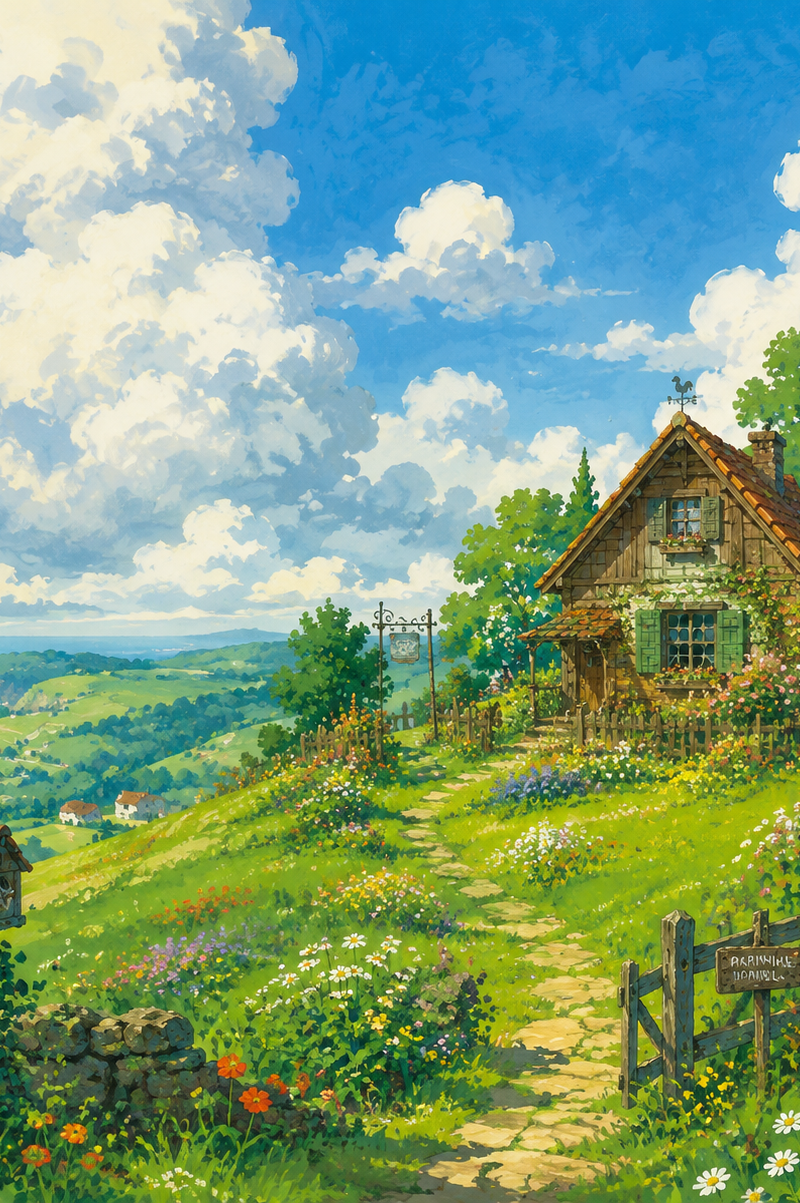 A lush, rolling green hill under a vast blue sky with fluffy, towering cumulus c