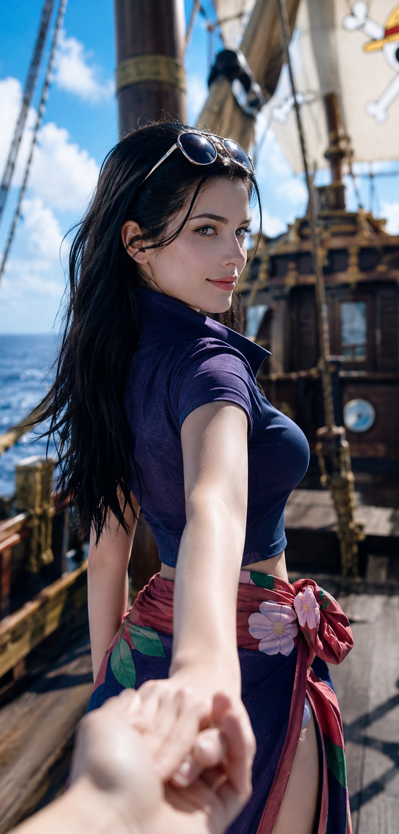 比例:9:16 主题:我穿越到了{ONE PIECE}的世界,用自己的{iPhone 16 Pro后置摄像头开启人像模式}给里面的{人物}以POV视角拍摄的照片
