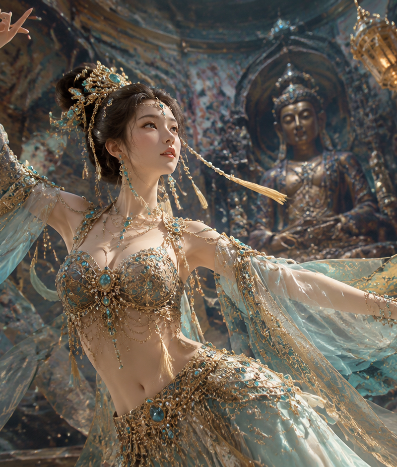 优雅美丽的年轻东亚美女网红模特,丰腴匀称沙漏型身材,长黑发高盘发髻配金色绿松石头饰与长流苏耳饰,精致繁复金碧辉煌舞者服饰,镶嵌绿松石珍珠的华美胸衣配流苏,半透明