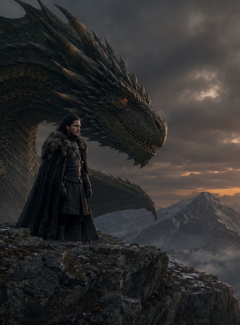 A dramatic fantasy scene at dusk in a remote mountain range