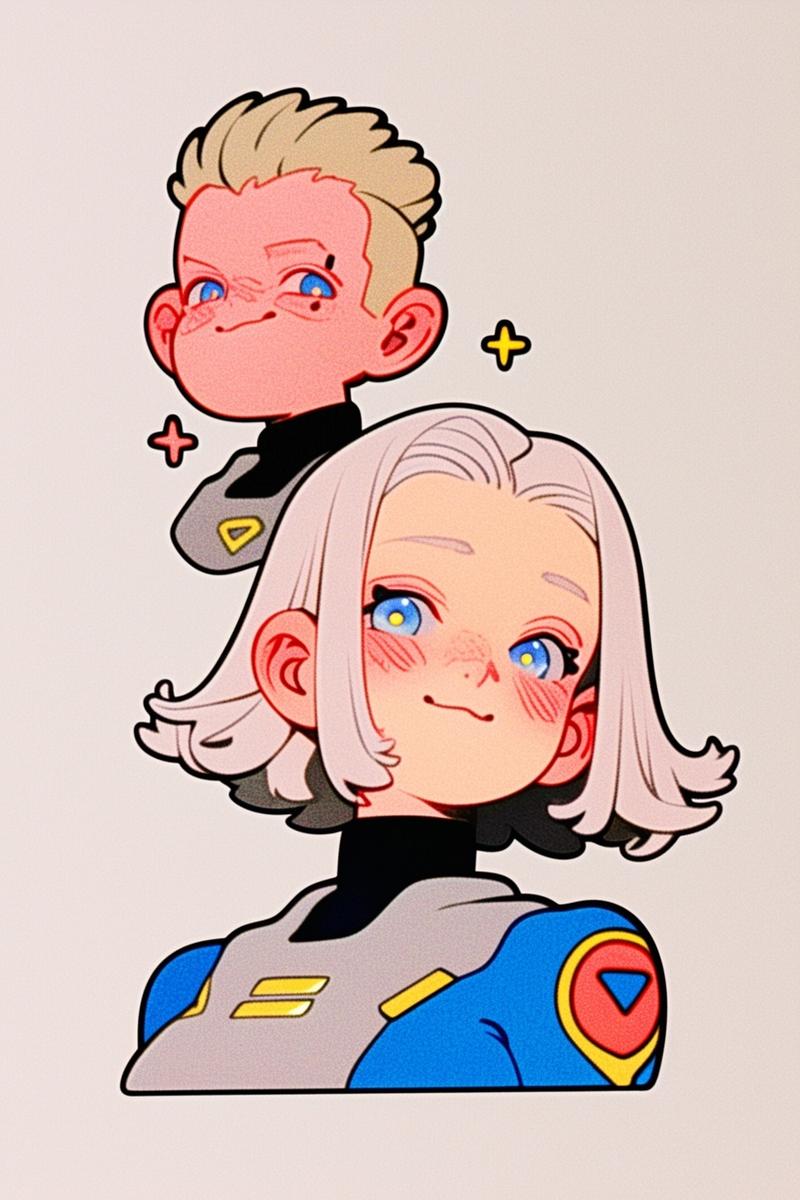 two cute chibi character designs for an anime video game, one is the captain of 