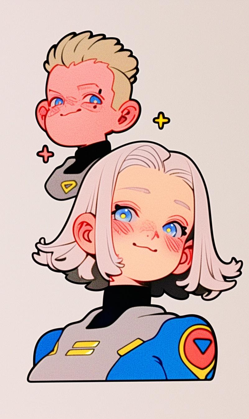 two cute chibi character designs for an anime video game, one is the captain of