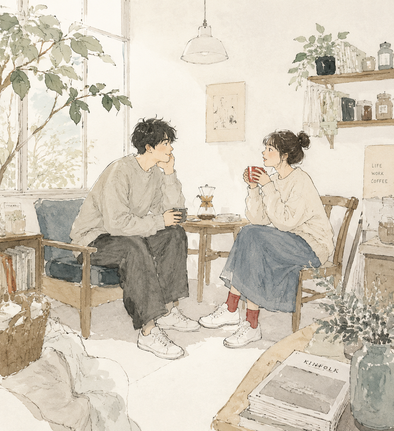 Create a delicate contemporary Japanese lifestyle illustration with a cozy slice