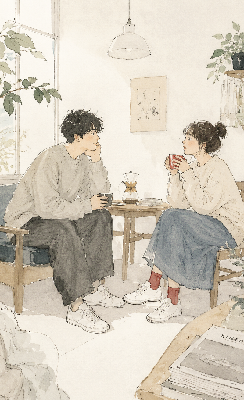 Create a delicate contemporary Japanese lifestyle illustration with a cozy slice