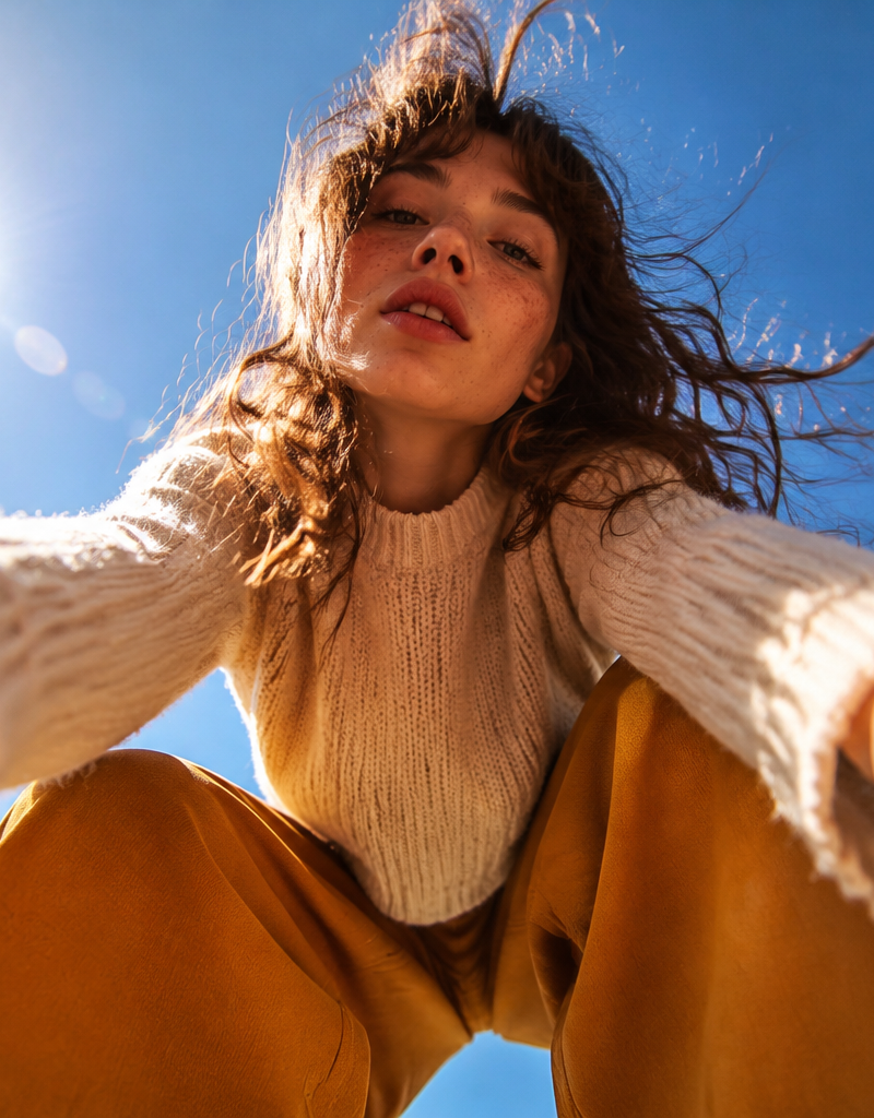 Ultra wide-angle low-angle portrait shot from ground perspective, young woman le