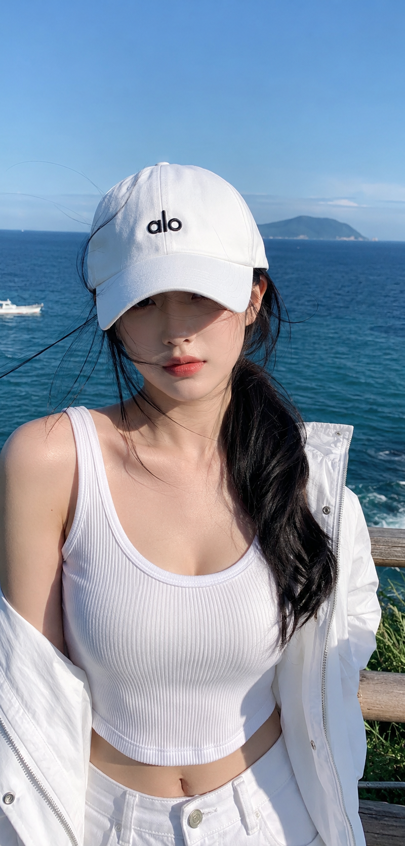 { "subject": { "description": "A young adult woman in a close seaside portrait,
