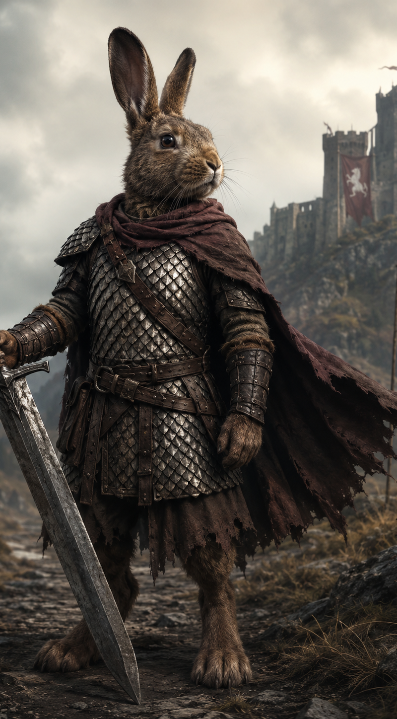 Brown rabbit person with a great sword and scale mail