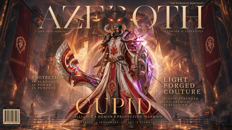 Ultra-detailed cinematic fantasy fashion magazine cover "AZEROTH" featuring Cupi