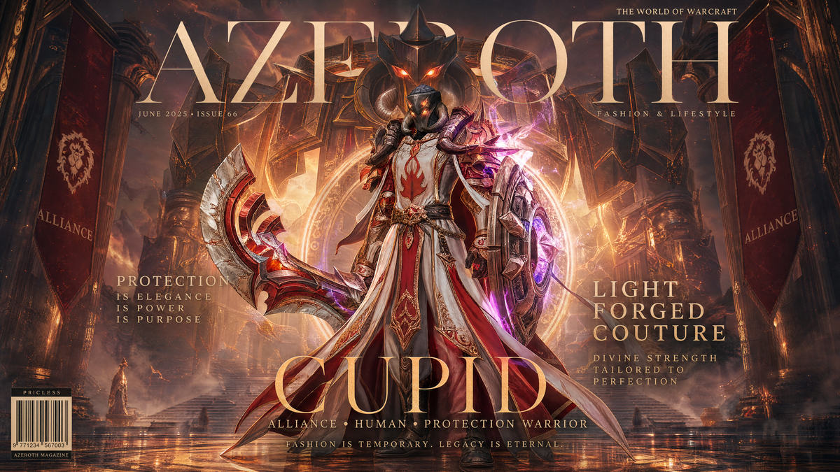 Ultra-detailed cinematic fantasy fashion magazine cover "AZEROTH" featuring Cupi