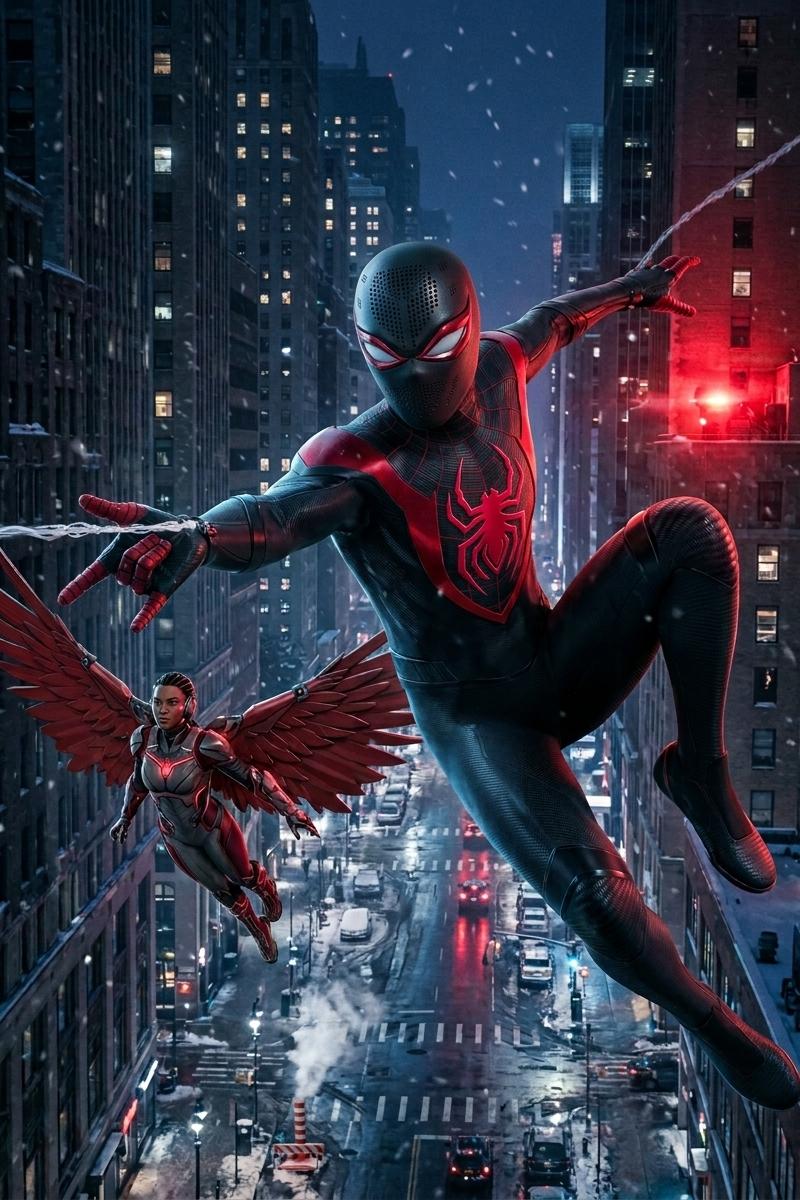 Create an ultra-realistic cinematic scene of a masked vigilante in a sleek matte