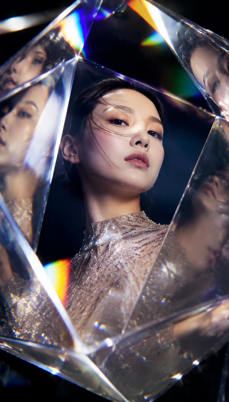 Luxury fashion editorial where a giant crystal prism contains multiple refracted