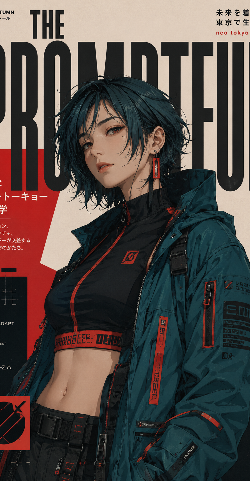 Ultra-premium Neo Tokyo fashion magazine cover, editorial anime realism, 8K, 2:3