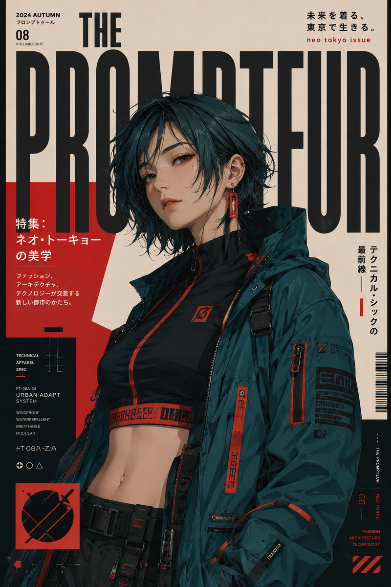 Ultra-premium Neo Tokyo fashion magazine cover, editorial anime realism, 8K, 2:3