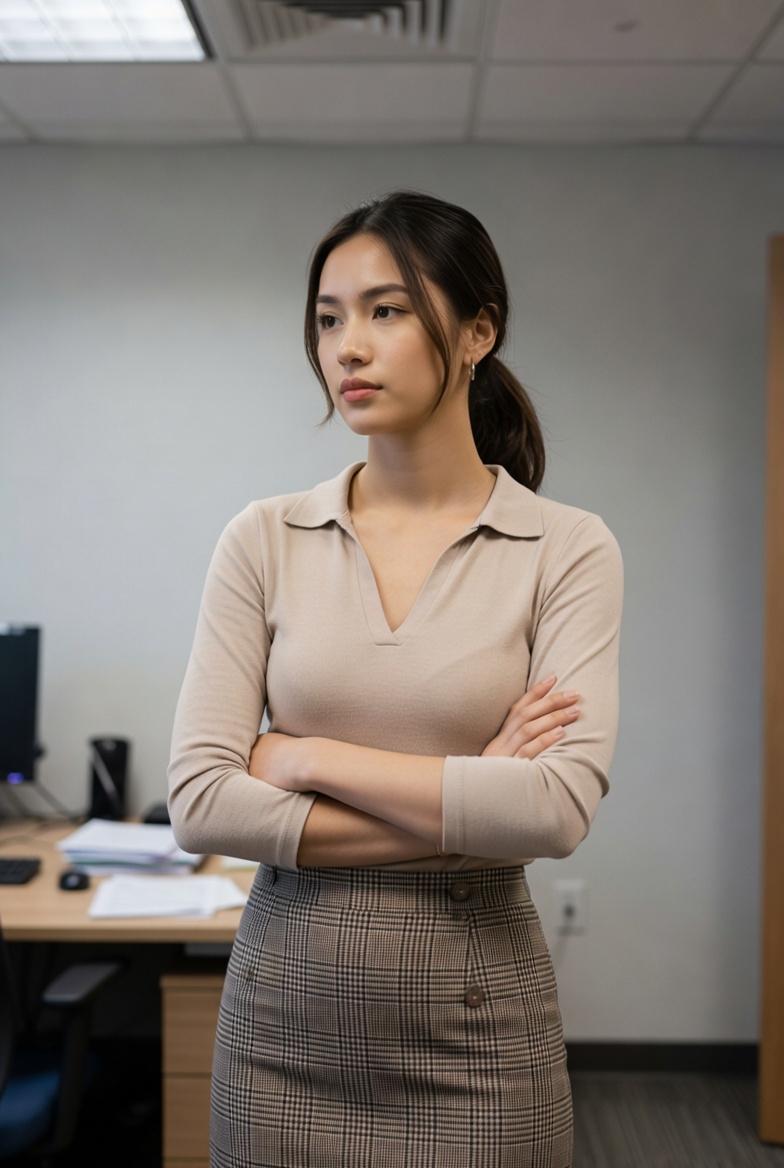 { "subject": { "description": "a young office woman standing in a quiet office s