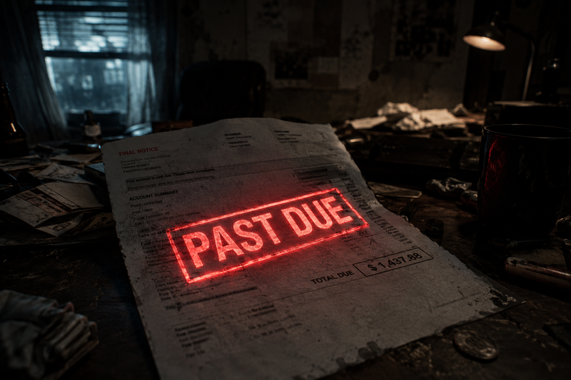 A bill sitting on a messy desk in a dark unkempt room