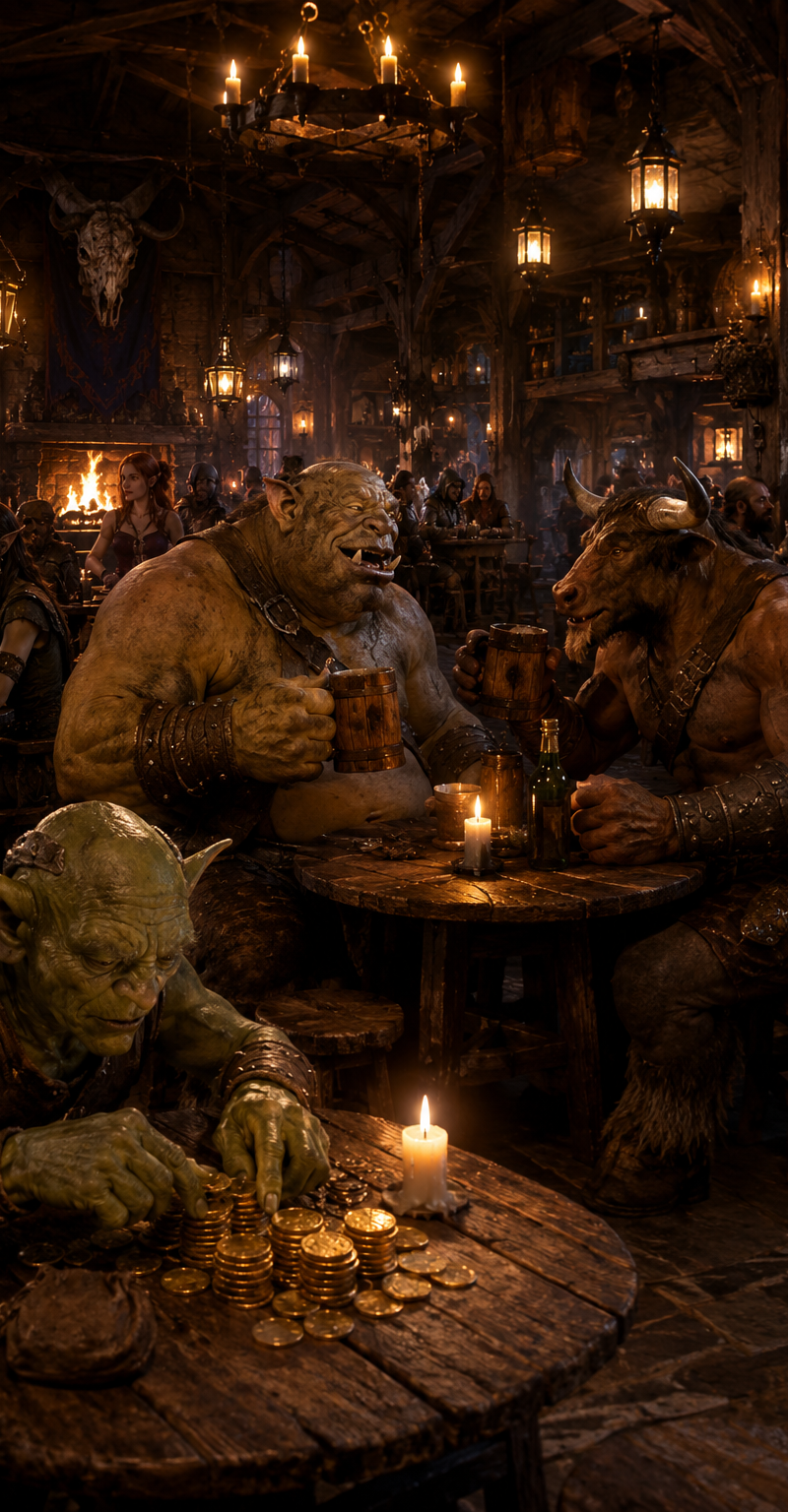 A single continuous cinematic scene inside one crowded medieval fantasy tavern, 