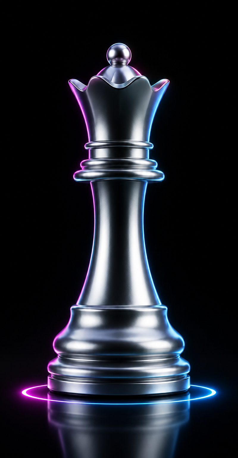 A silver chess queen, black background ,high contrast, mainly monochromatic, min