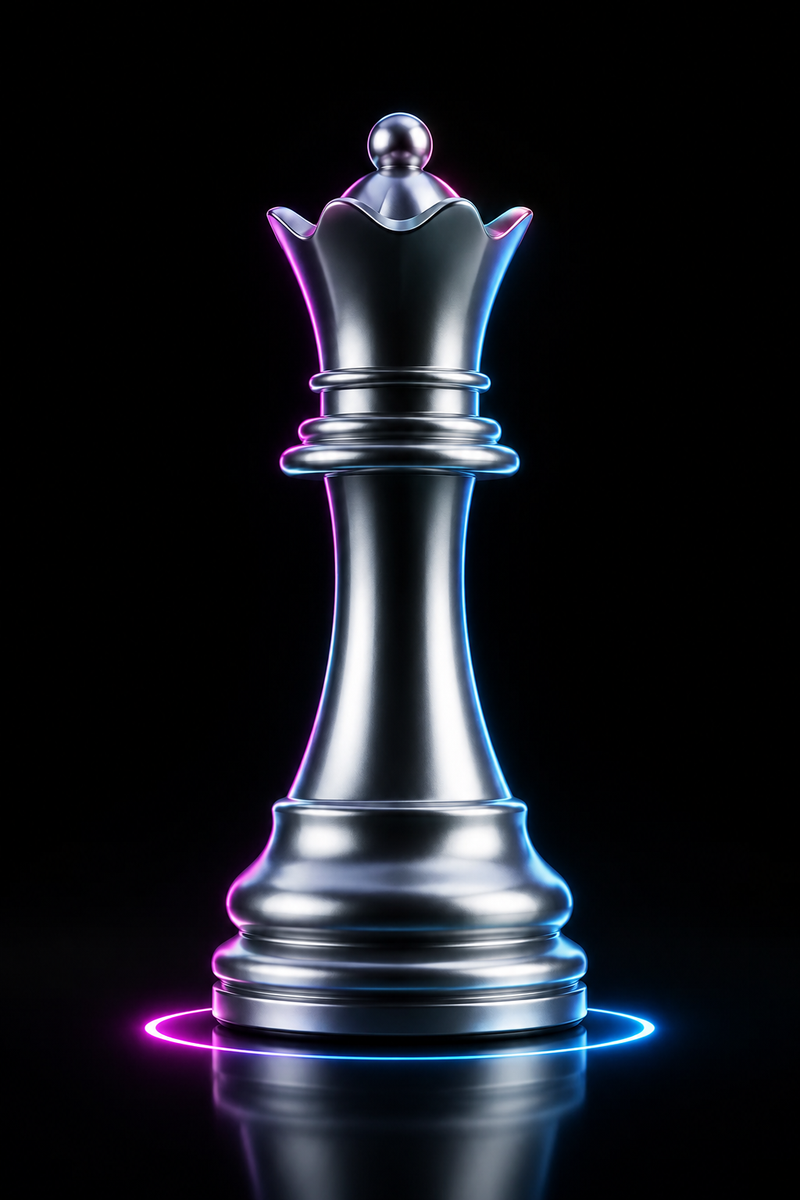 A silver chess queen, black background ,high contrast, mainly monochromatic, min