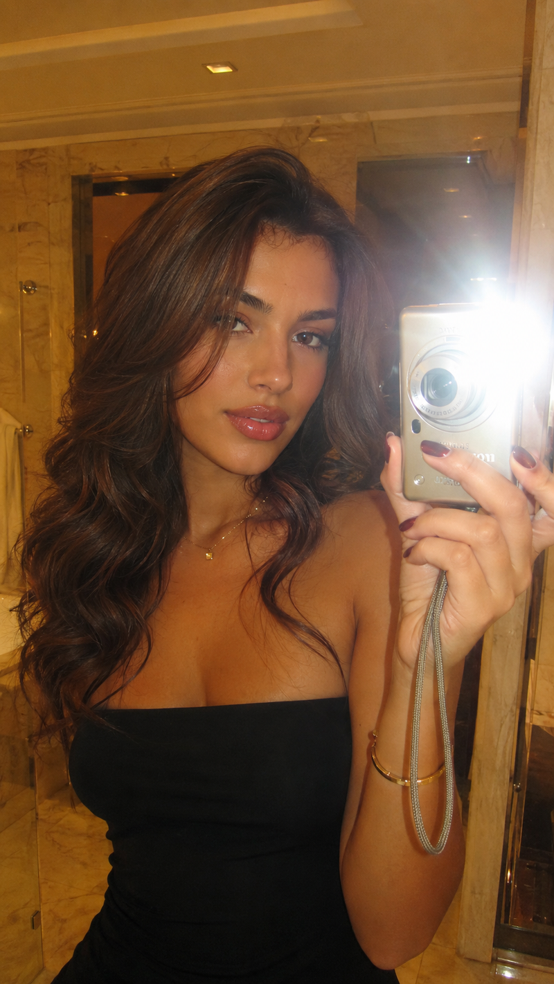 Create a vertical mirror selfie portrait of a beautiful young woman in a warm lu
