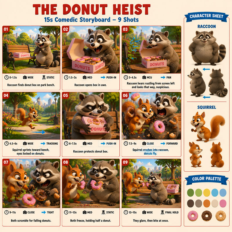Title: “THE DONUT HEIST” Subtitle: “15s Comedic Storyboard – 9 Shots” Style: ful