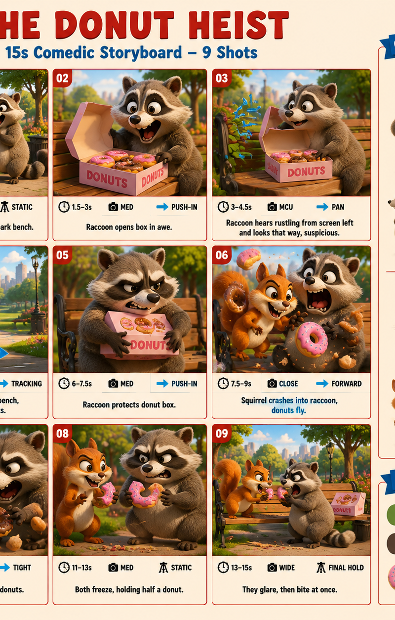Title: “THE DONUT HEIST” Subtitle: “15s Comedic Storyboard – 9 Shots” Style: ful