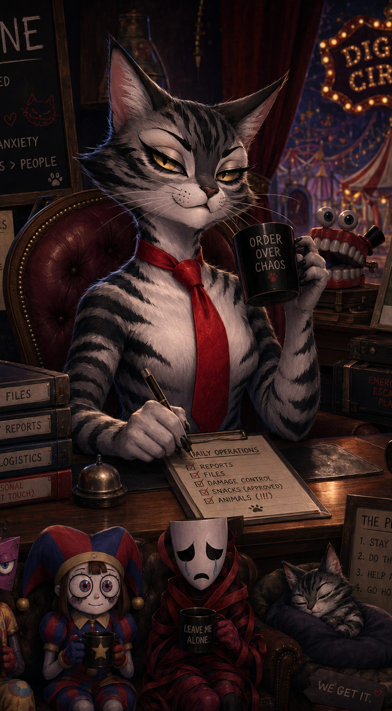 Caine is a sleek, sharp-featured feline who carries herself with the rigid postu