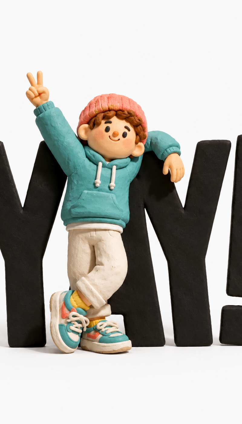 A cute handcrafted clay character in a whimsical 3D stop-motion style, standing 