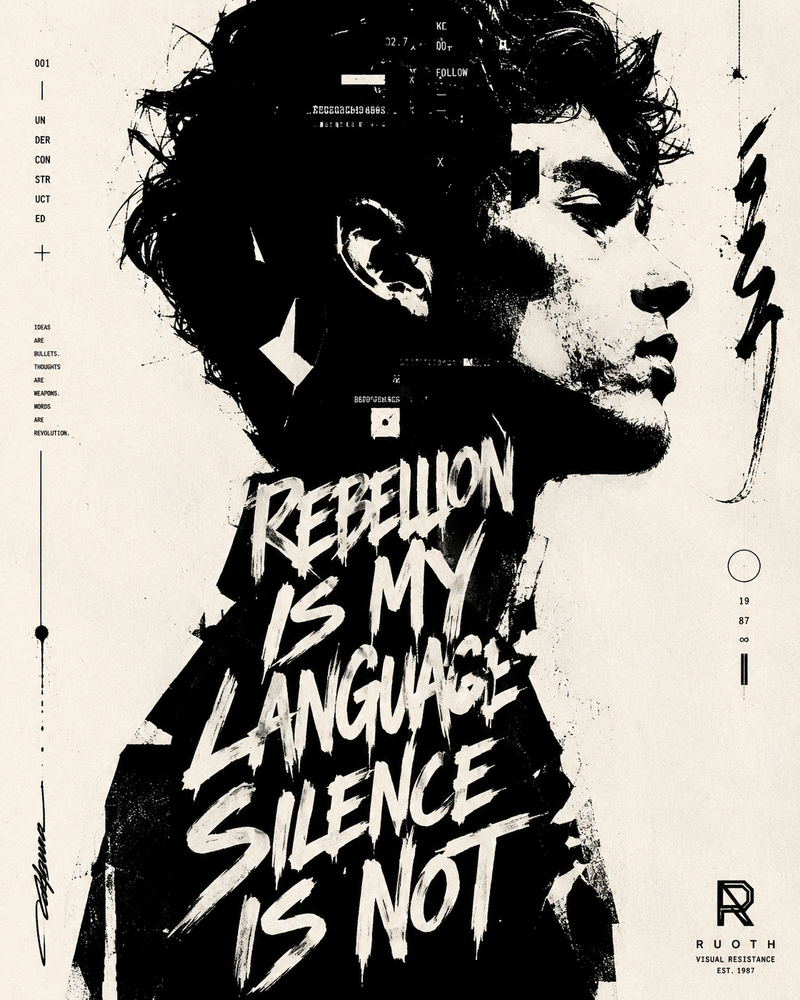 High-contrast black and white typographic portrait poster of [Human], shown in s