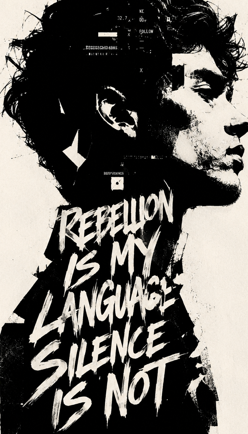 High-contrast black and white typographic portrait poster of [Human], shown in s