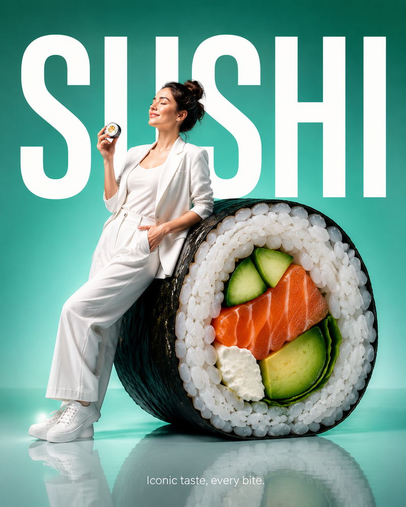 Minimalist commercial ad featuring oversized premium sushi rolls, ultra-clean de