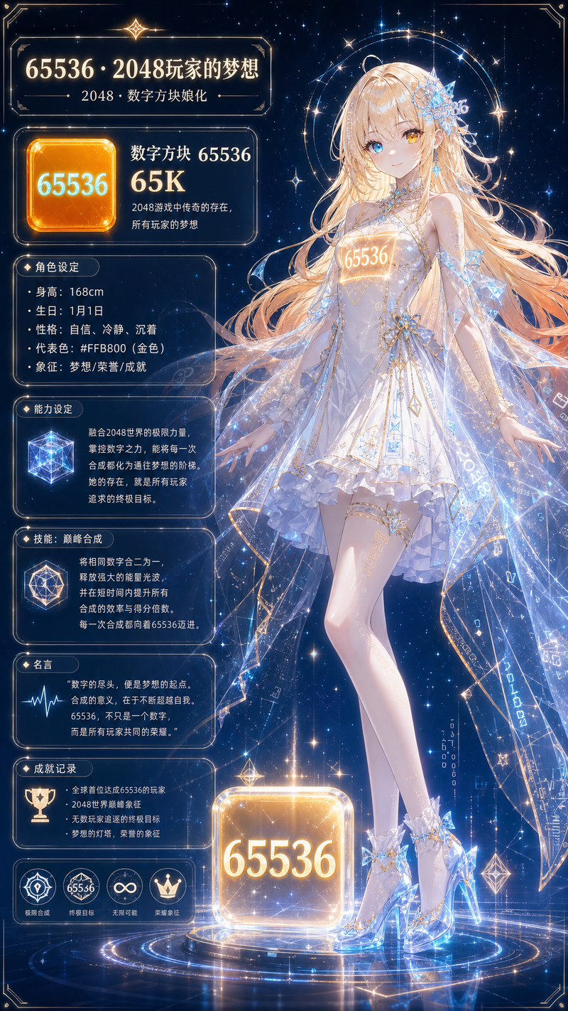 提示词（竖版9:16，一张画面，左侧卡片信息区，右侧主体少女，中央发光数字方块“65536”）： 带有丰富文字信息的现代风格的竖版海报，背景采用较为稀疏星空以衬