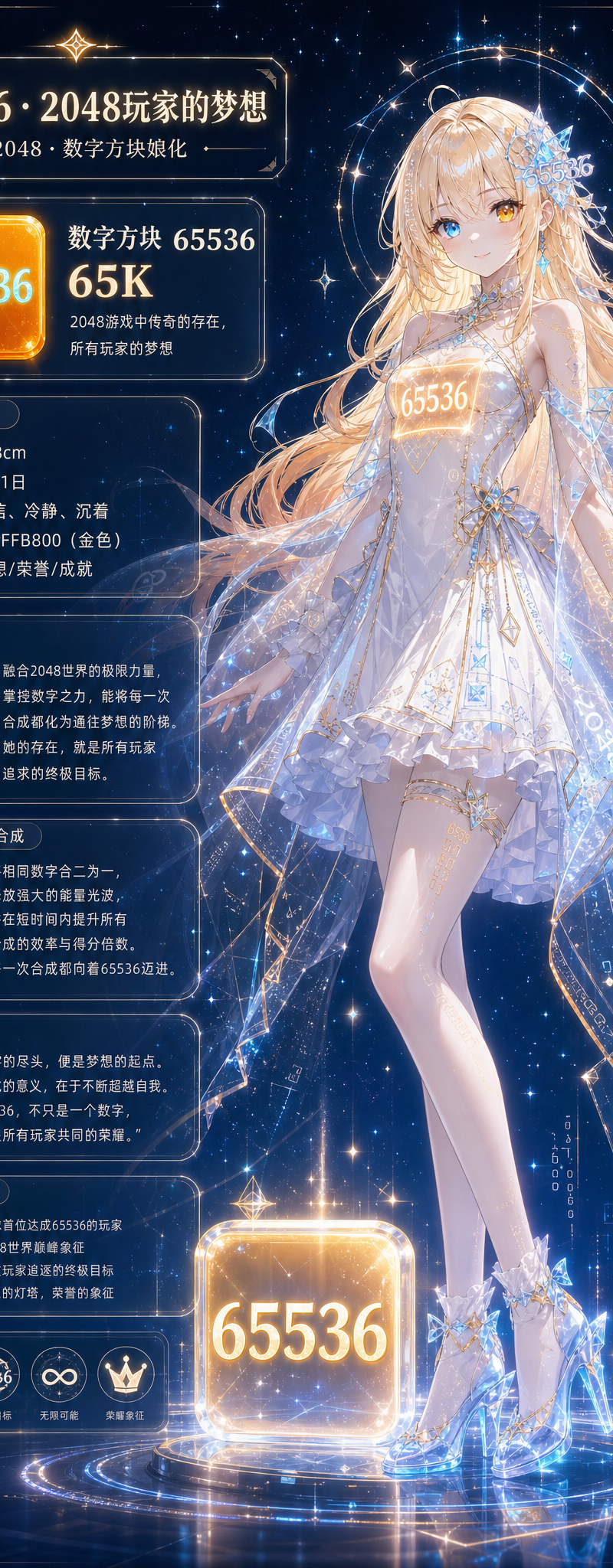 提示词(竖版9:16,一张画面,左侧卡片信息区,右侧主体少女,中央发光数字方块“65536”): 带有丰富文字信息的现代风格的竖版海报,背景采用较为稀疏星空以衬