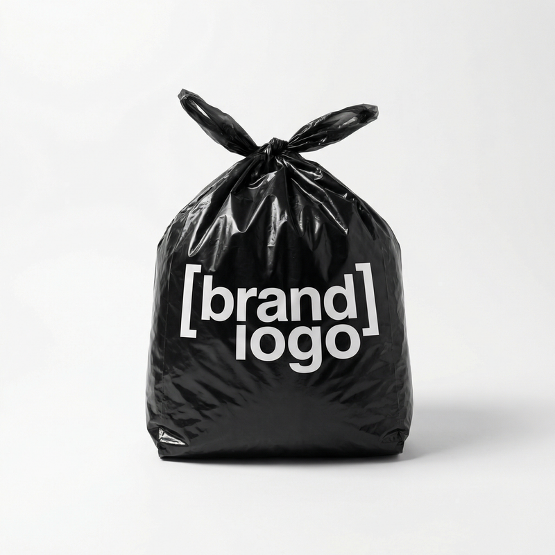 [brand name], minimalist studio product photo, single black plastic bag tied at 