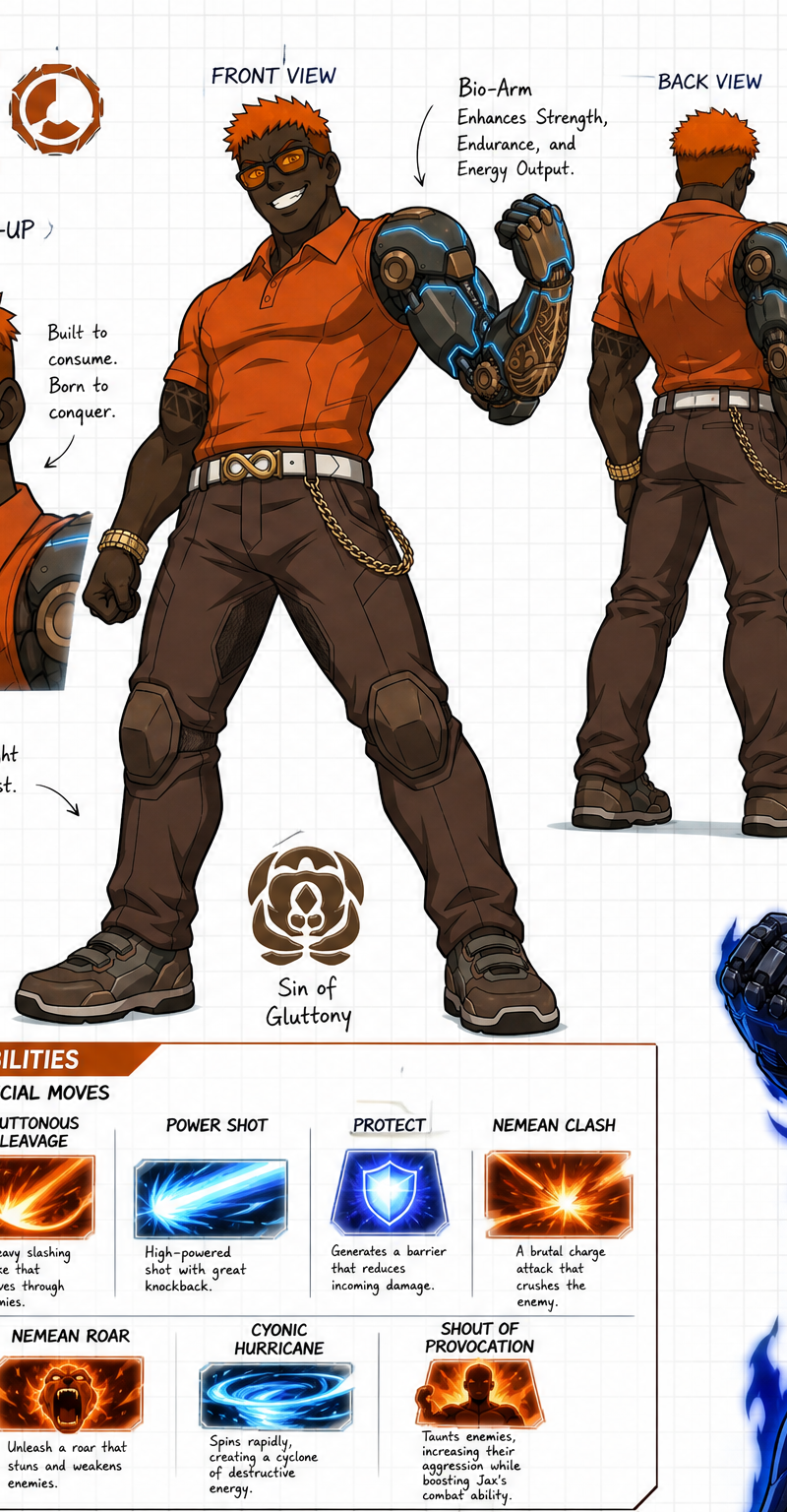 Create a wide, horizontal character reference sheet featuring Jax (see reference