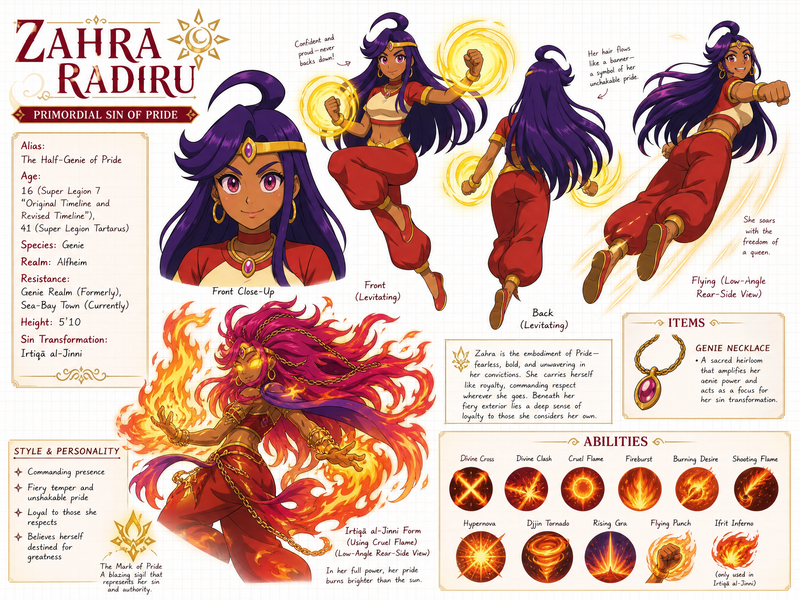 Create a wide, horizontal character reference sheet featuring Zahra (see referen