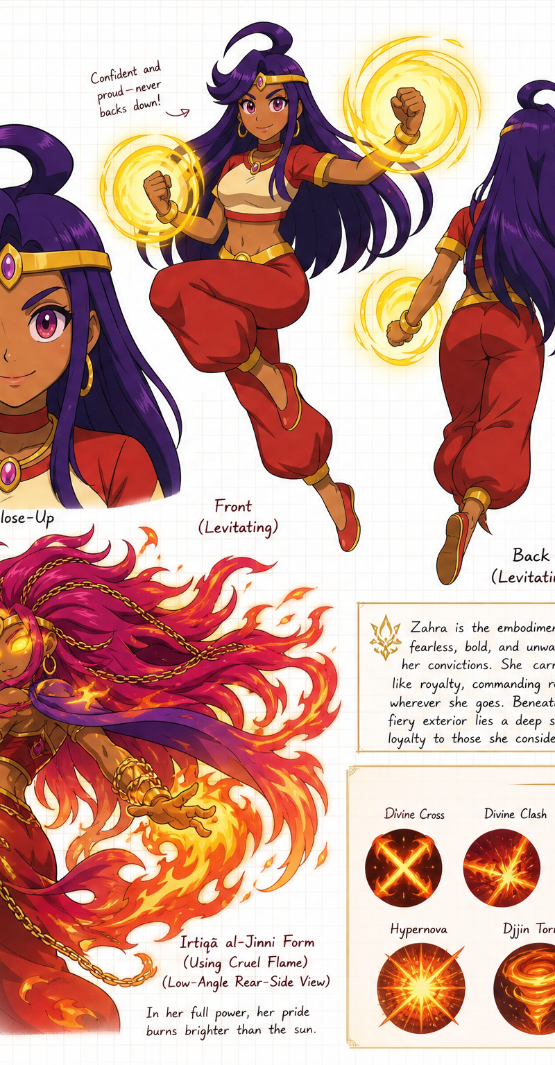 Create a wide, horizontal character reference sheet featuring Zahra (see referen