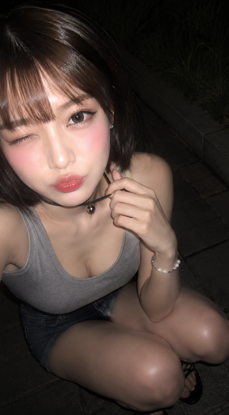 { "subject": { "description": "An adult young woman in a nighttime outdoor high-